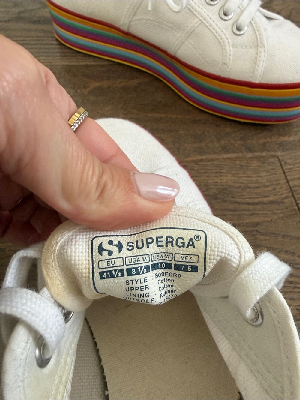 Superga White Canvas Platform Sneakers with Rainbow Stripe Sole - Picture 6 of 6